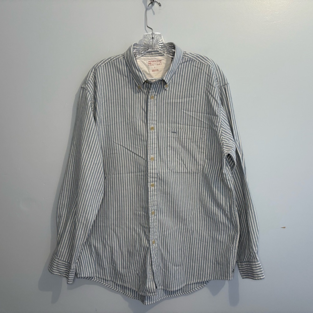 Arrow Men’s Large 100% Cotton Striped Button Down Long Sleeve Shirt Blue White